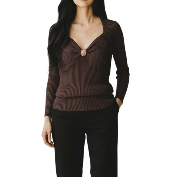 Cache Tops - Cache Brown Gold Ribbed Tube Top Shirt Womens Sz Large Y2K V Neck 3/4 Sleeve